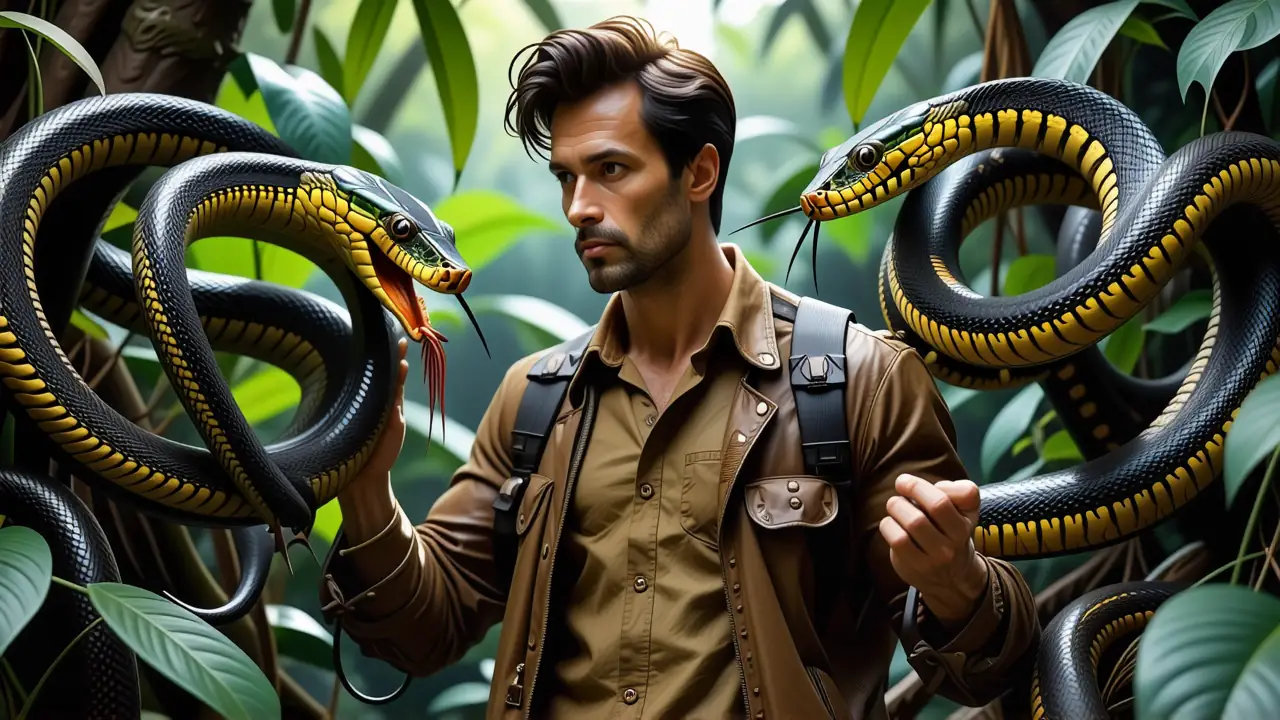 Un explorador observa serpientes en selva