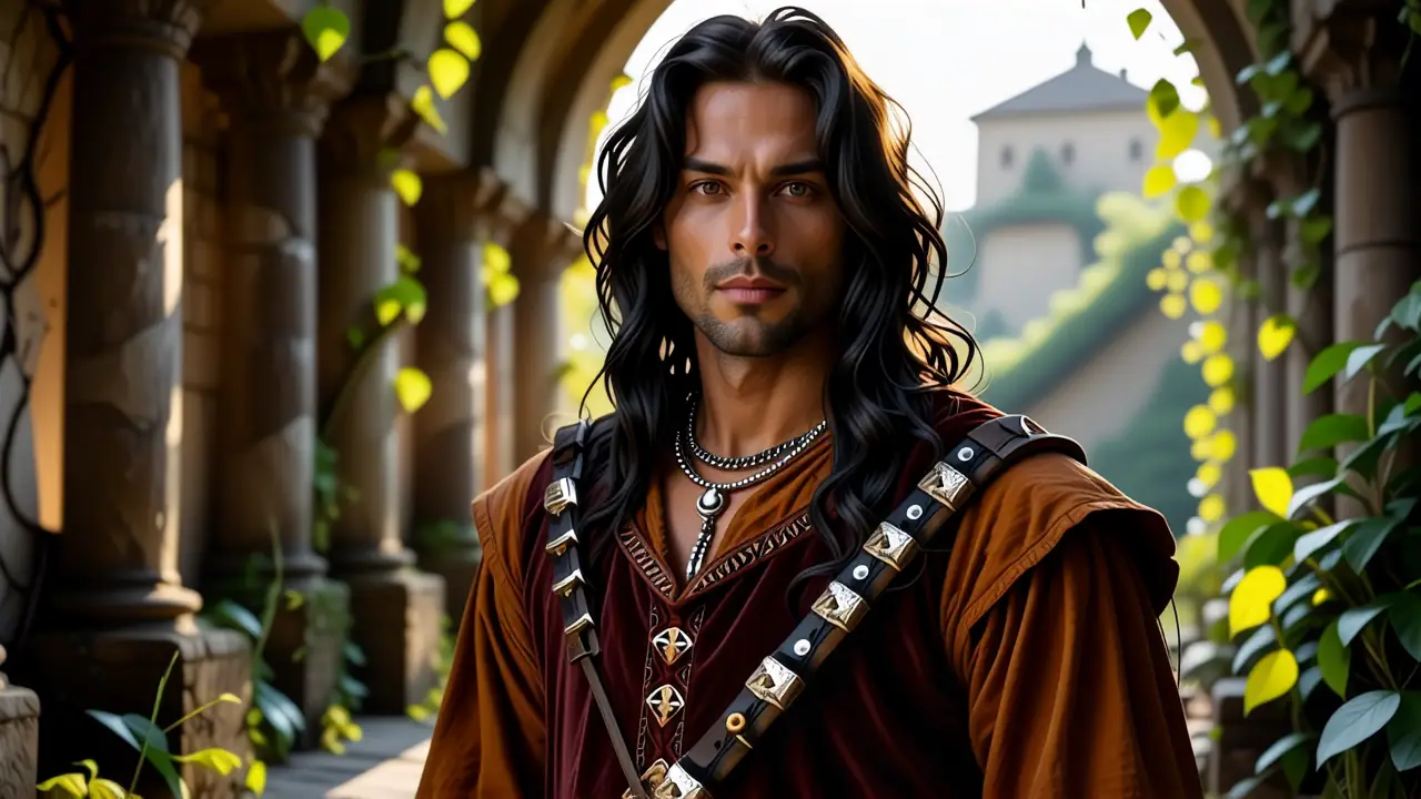 Un hombre contemplativo en ruinas místicas