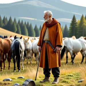 Un pastor anciano contempla caballos salvajes