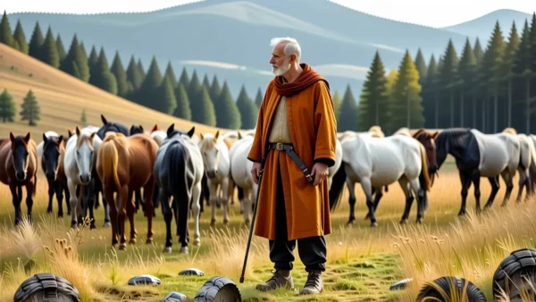 Un pastor anciano contempla caballos salvajes