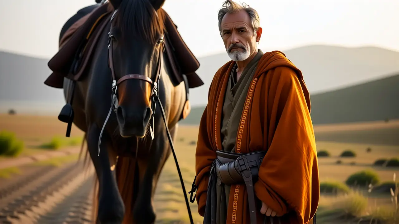 Un hombre anciano contempla la estepa