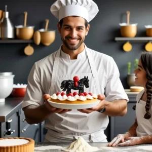 Un pastelero amable ofrece una tarta equina