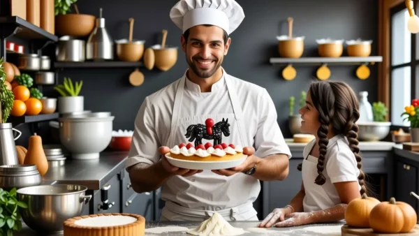 Un pastelero amable ofrece una tarta equina