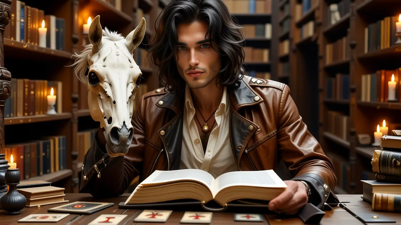 Un hombre melancólico lee en biblioteca antigua