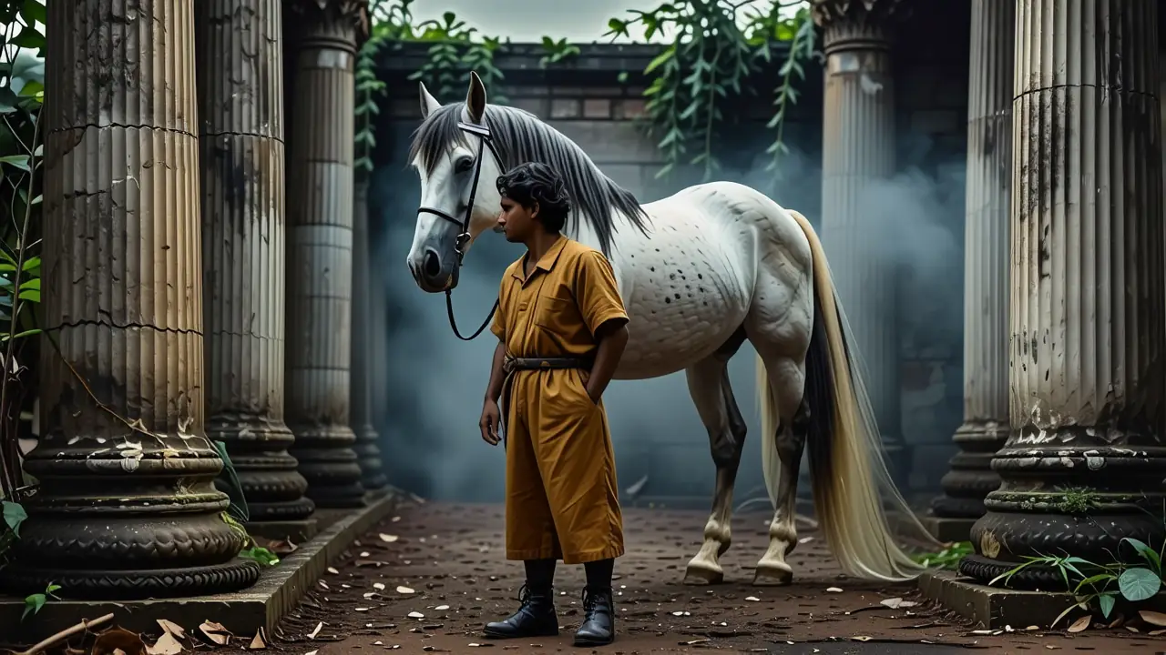 Un hombre melancólico contempla su caballo