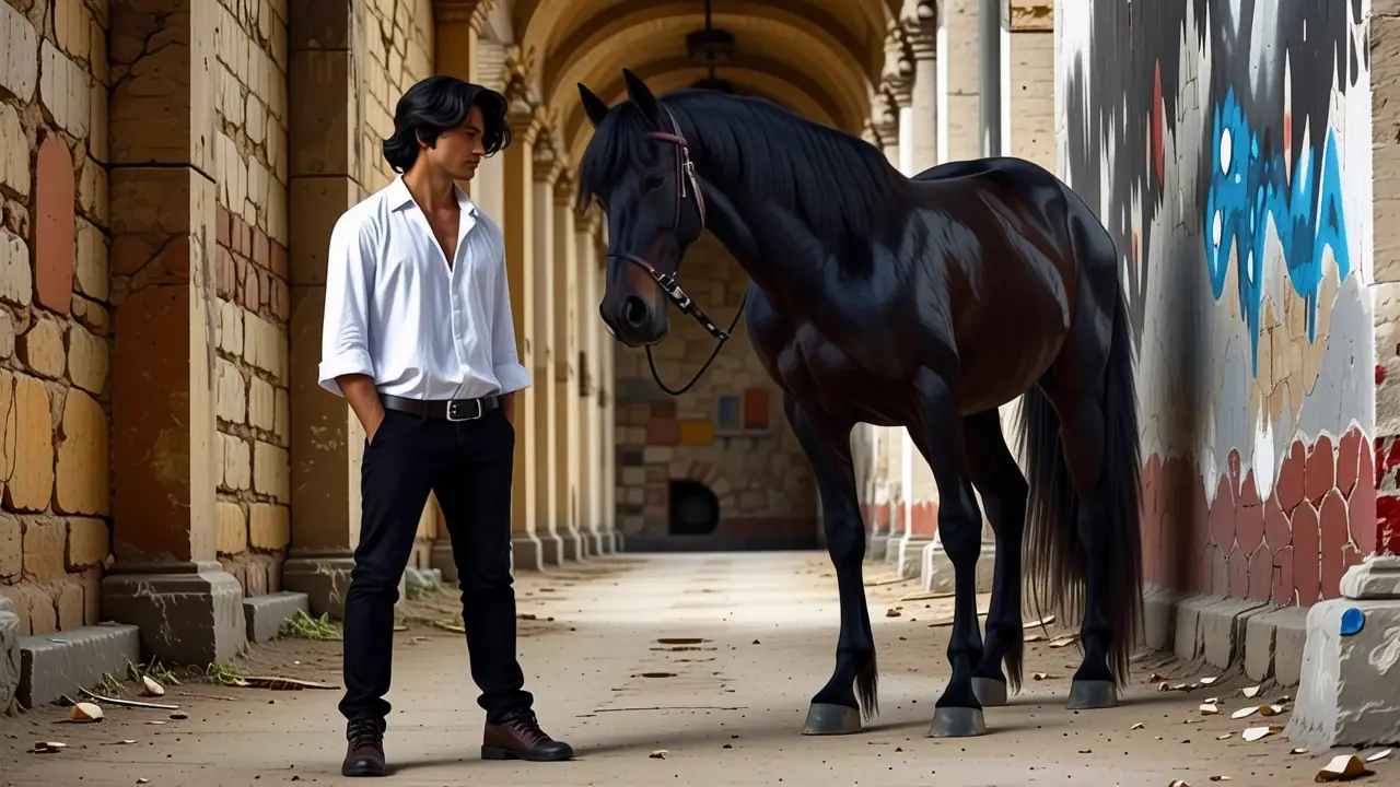 Un hombre melancólico observa al caballo