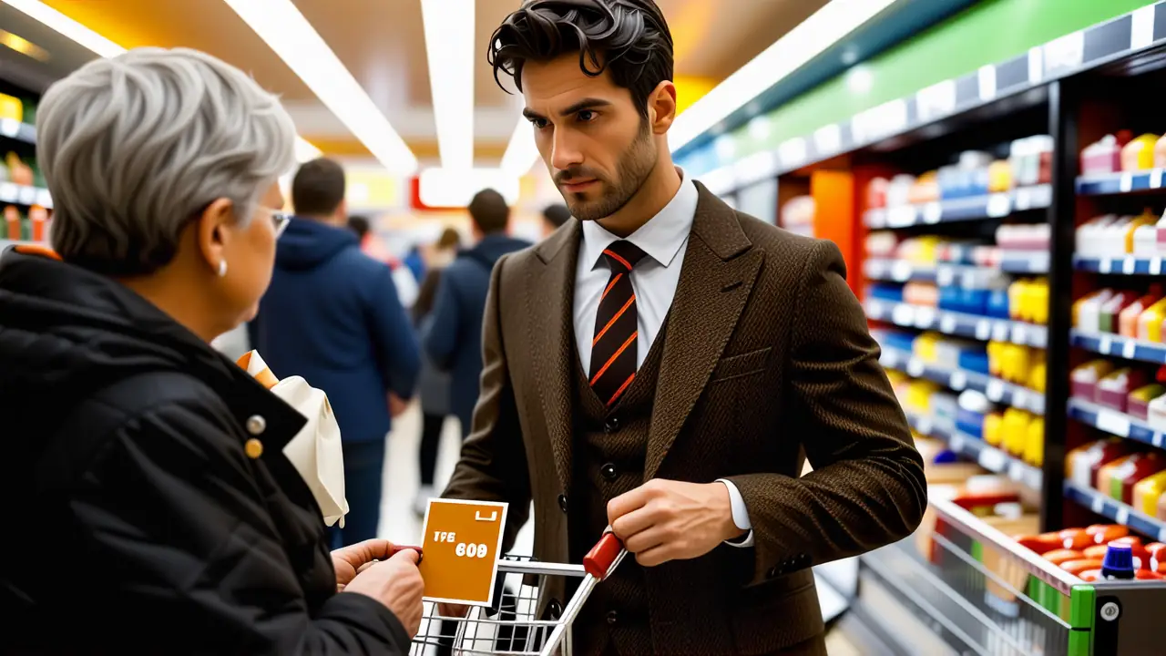 Un hombre pensativo sostiene una etiqueta en supermercado