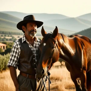Un cowboy pensativo observa su caballo en España