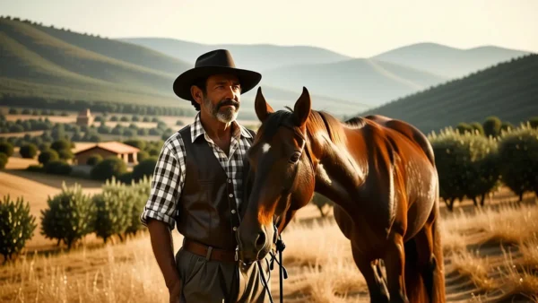 Un cowboy pensativo observa su caballo en España