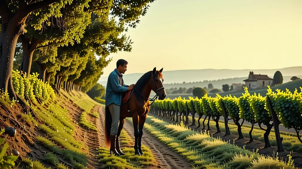 Un hombre pensativo monta su caballo en España
