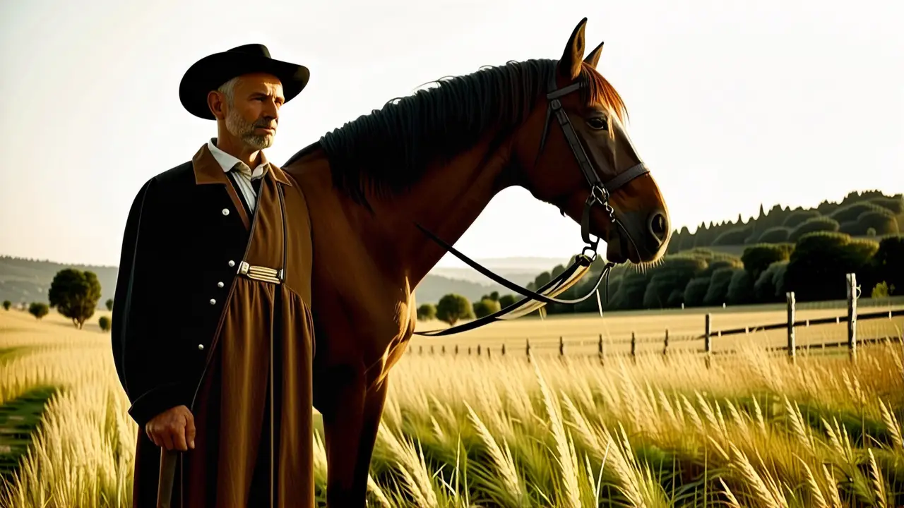 Un hombre español serio domina su caballo en la luz dorada