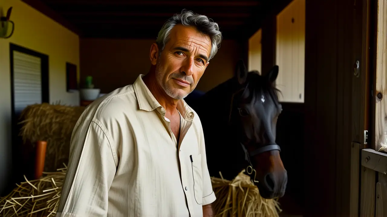 Un hombre pensativo monta su yegua en España