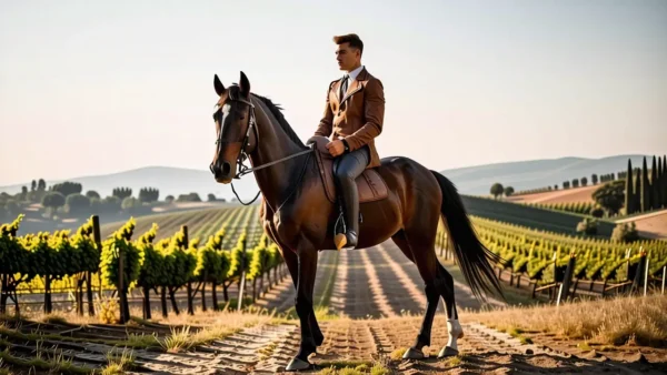 Un jinete observa colinas toscanas doradas