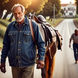 Un hombre español transporta caballo al atardecer