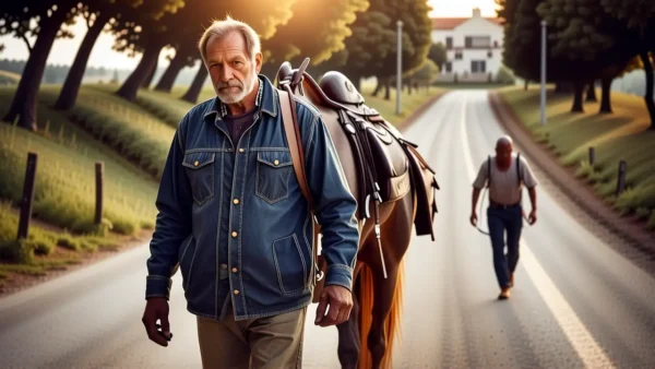 Un hombre español transporta caballo al atardecer