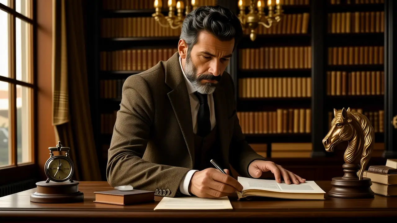 Un hombre serio examina documentos en luz dramática