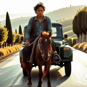 Un hombre serio monta su caballo en España