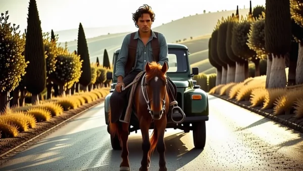 Un hombre serio monta su caballo en España