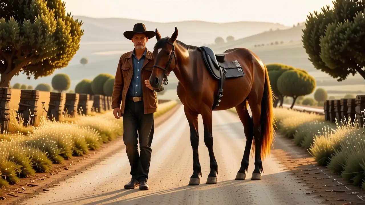 Un hombre español amable guía su caballo