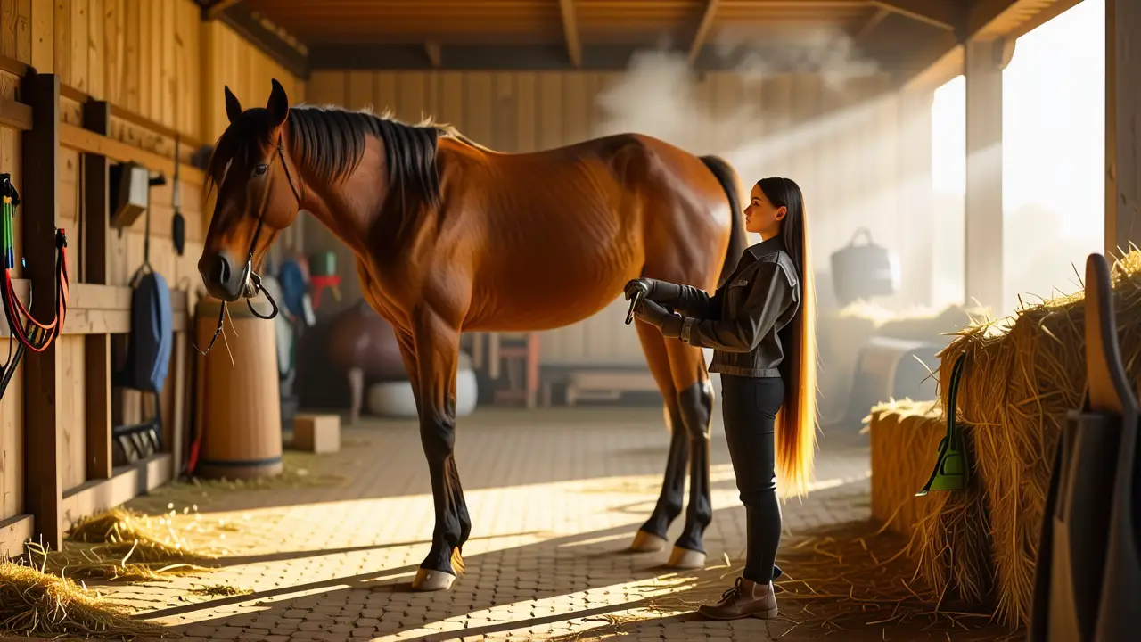 Entrenadora española cuida su caballo en establo
