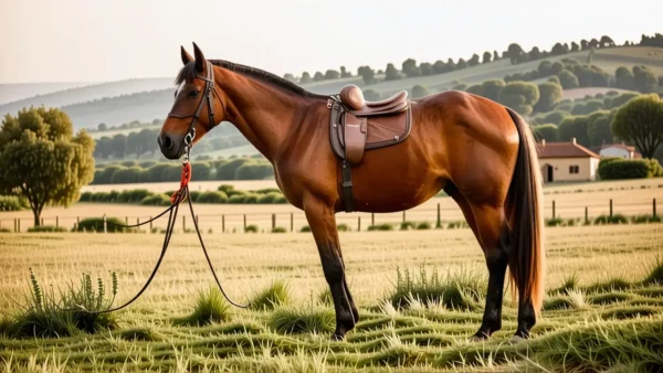 Un jinete español domina su yegua en la tarde