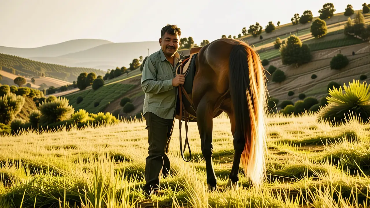 Un hombre español sonriente observa su caballo