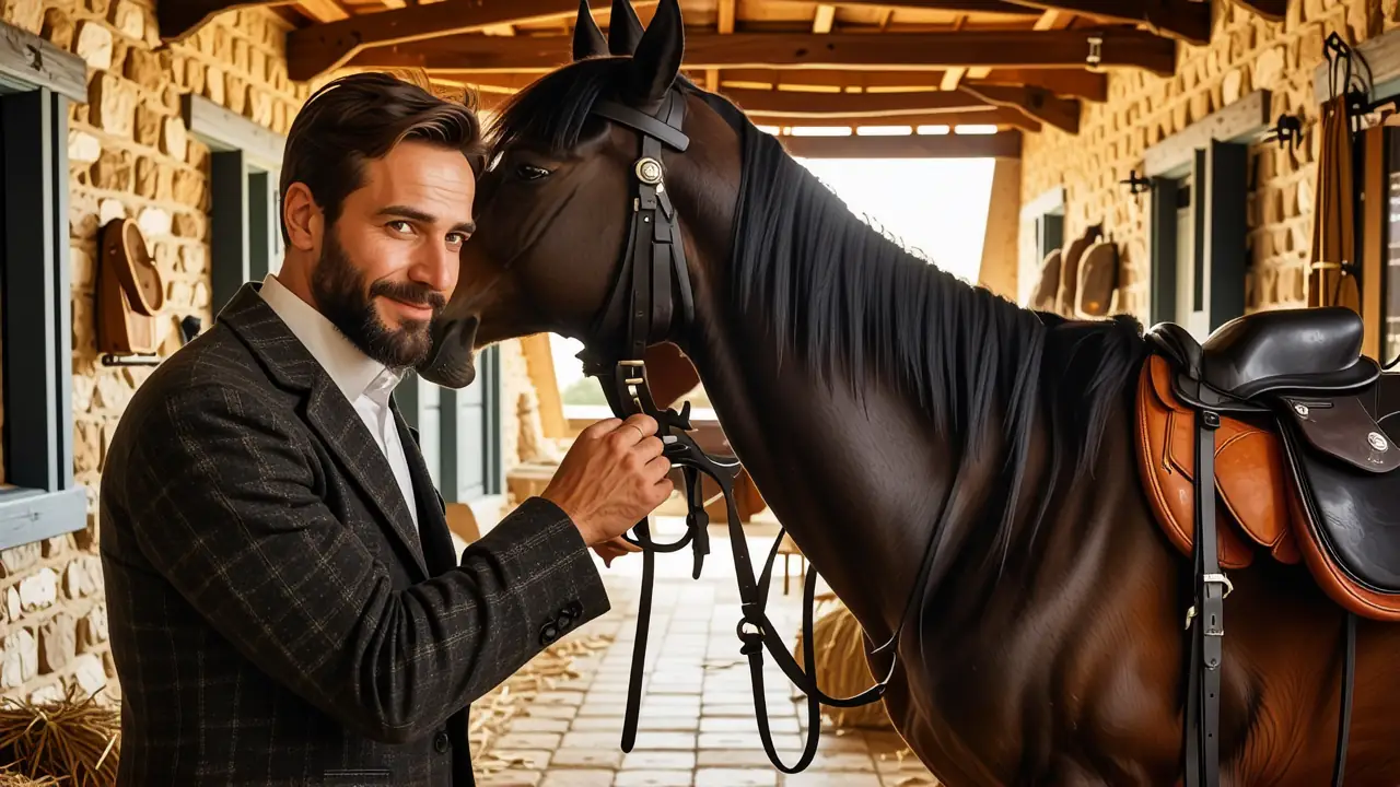 Un hombre español cuida su caballo en establo vintage