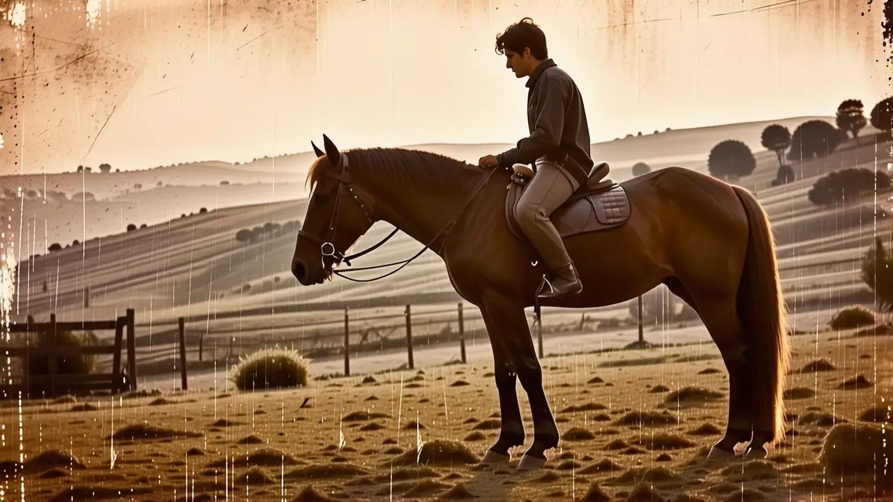 Un hombre pensativo monta su caballo en España