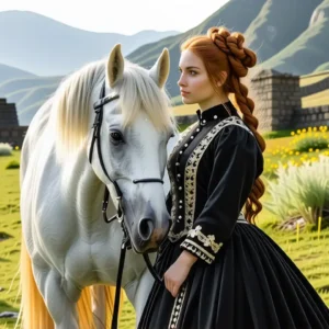 Una mujer elegante contempla un caballo sereno