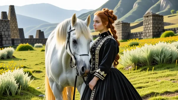 Una mujer elegante contempla un caballo sereno