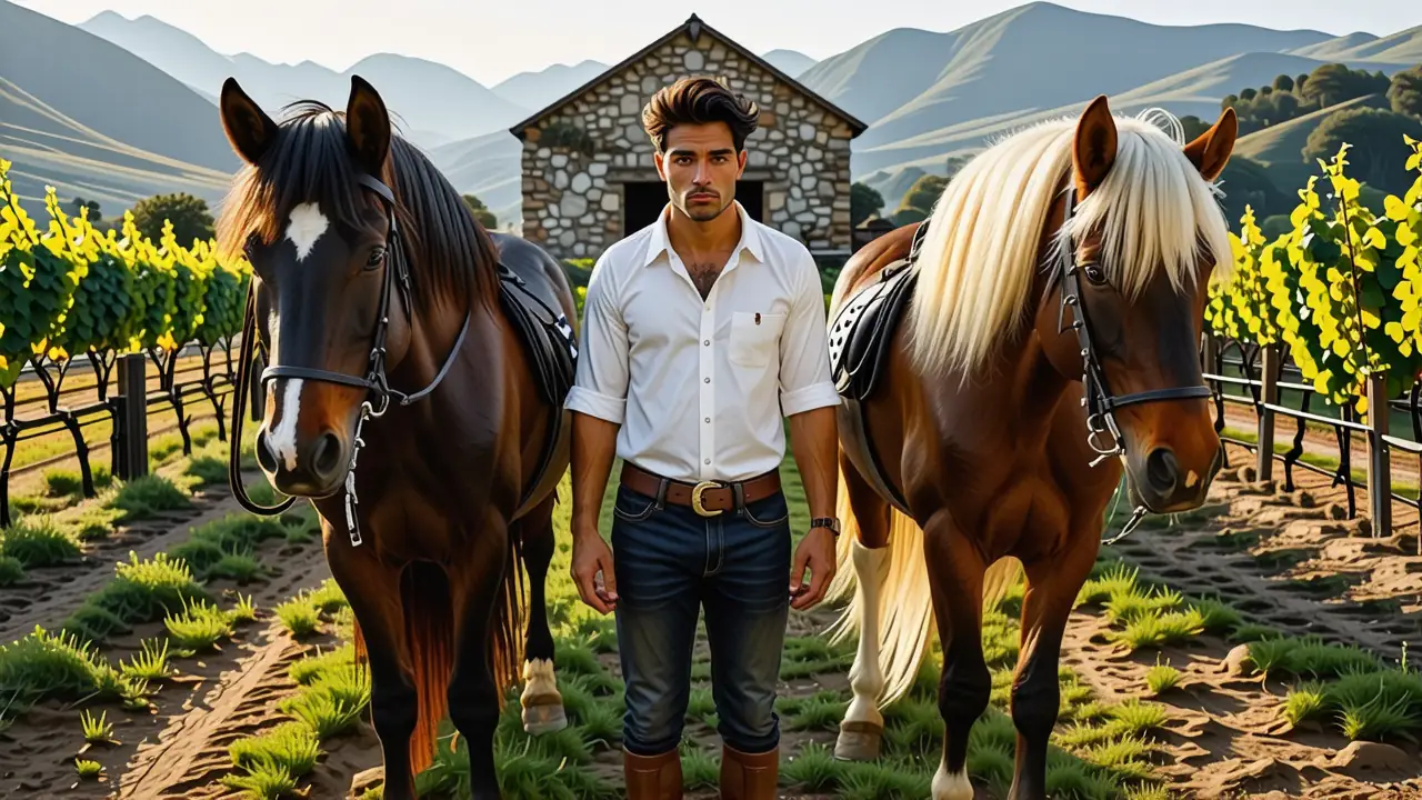 Un hombre pensativo rodeado de caballos