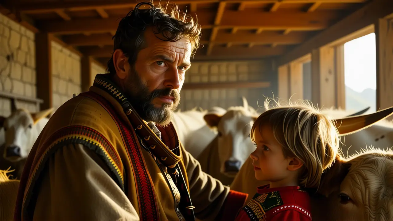 Un hombre español observa ganado en barniz