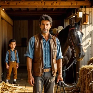 Un hombre serio observa su caballo