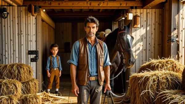 Un hombre serio observa su caballo