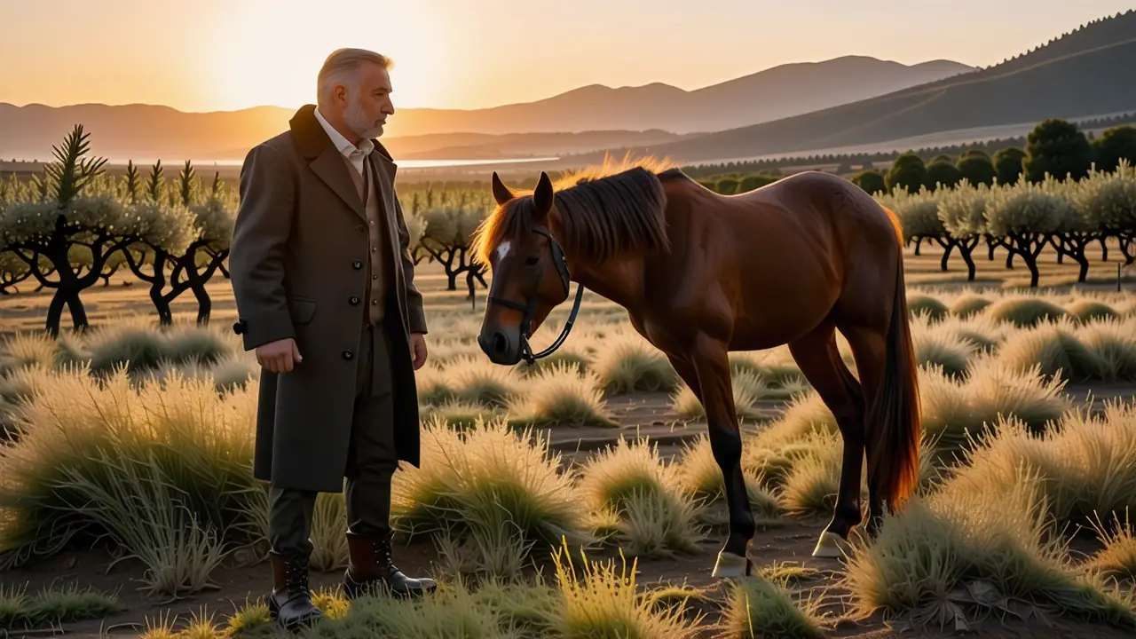 Un hombre pensativo observa su caballo