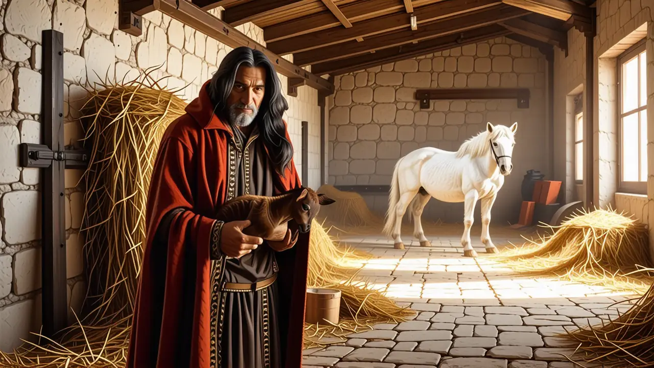 Un hombre serio abraza un potro