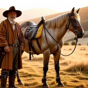 Un vaquero español anciano observa su caballo