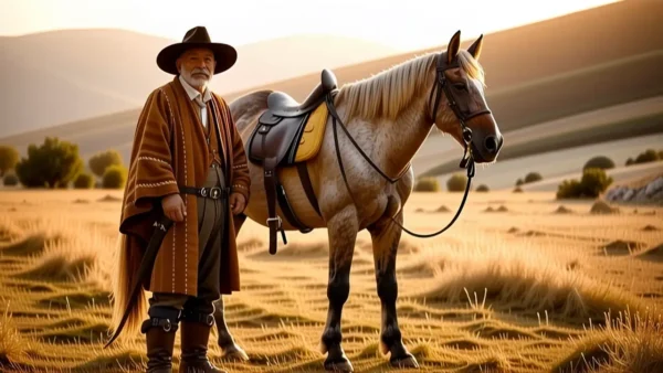 Un vaquero español anciano observa su caballo