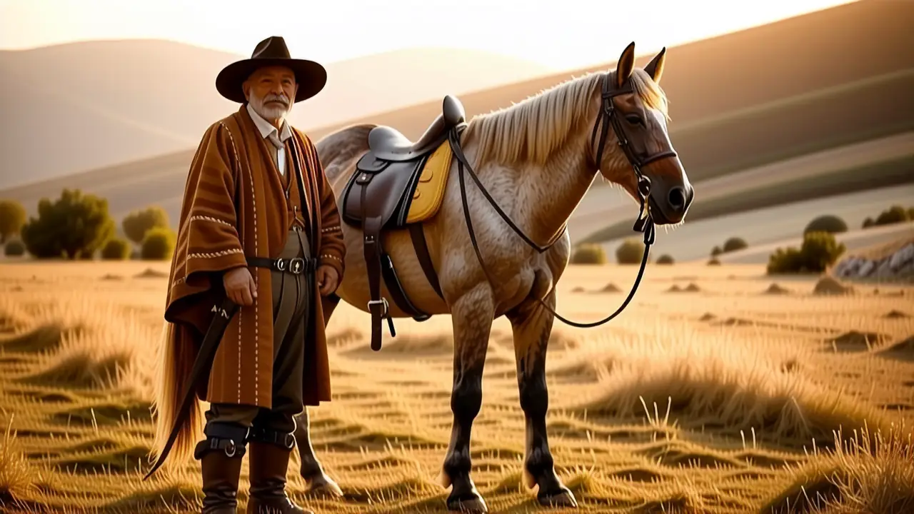 Un vaquero español anciano observa su caballo