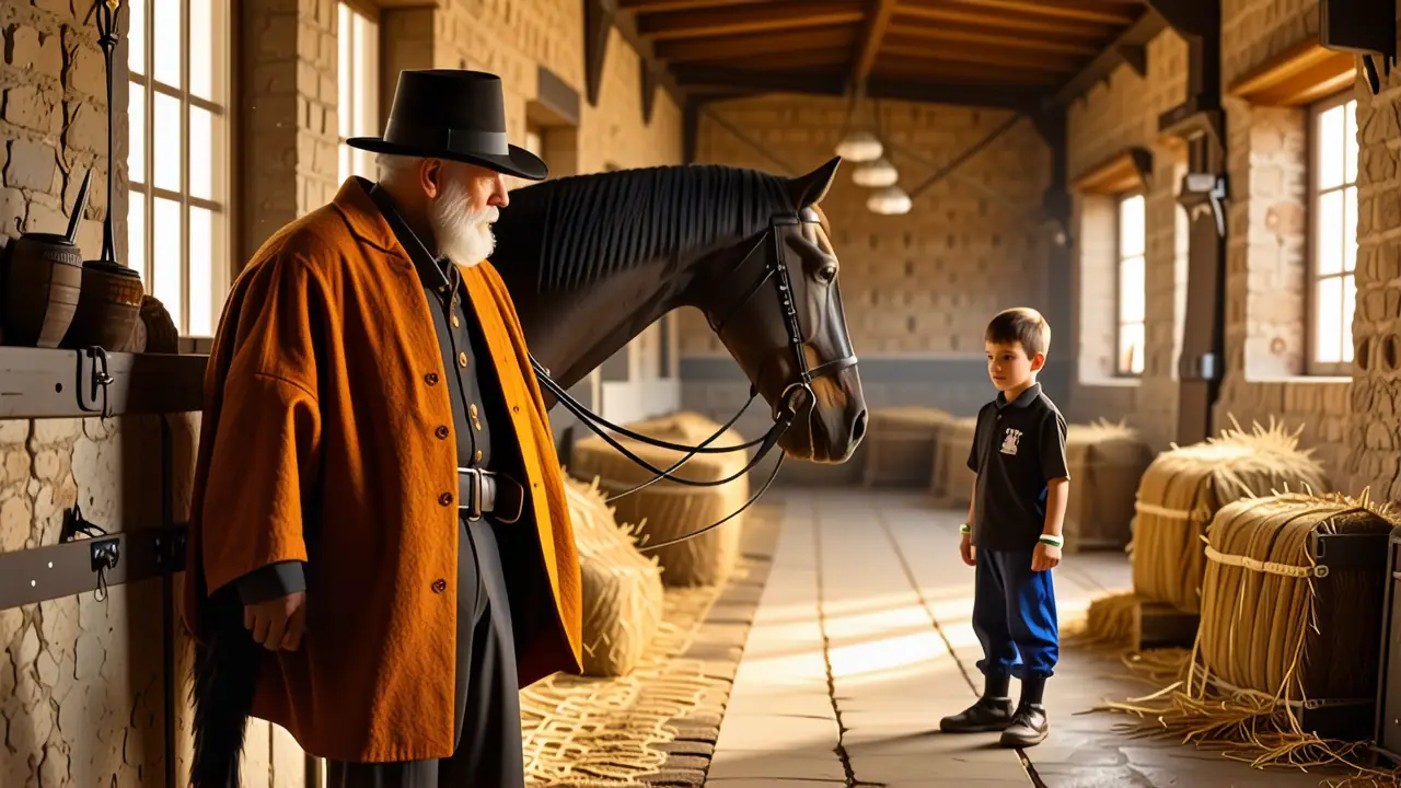 Un hombre pensativo observa su caballo en la tarde