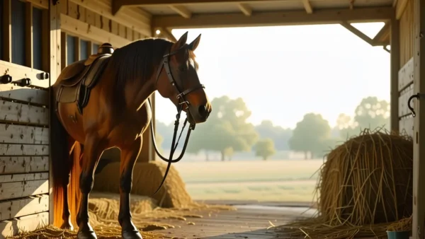 Un hombre serio monta su caballo