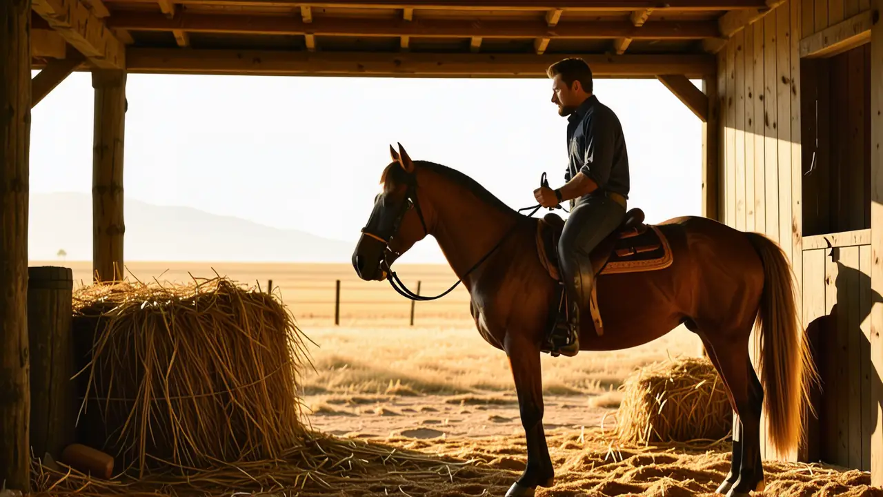 Un jinete español monta su caballo en ranchería