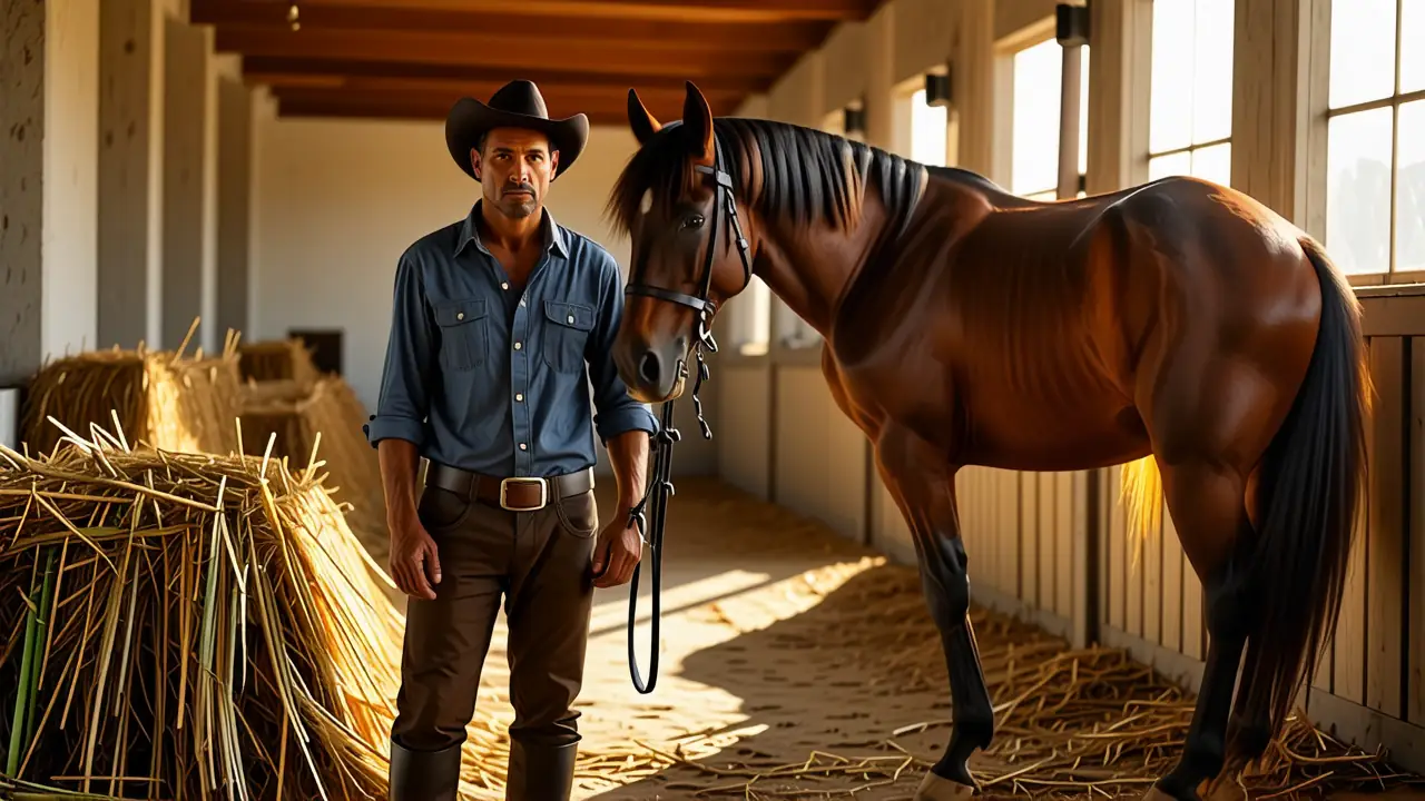 Un hombre español serio monta su caballo