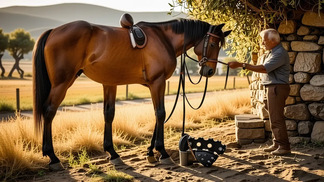 Un jinete español cuida su caballo